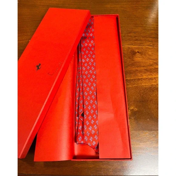 Ferrari 100% Silk Necktie Red All Over Logo Print Made in Italy w Box - Picture 6 of 8